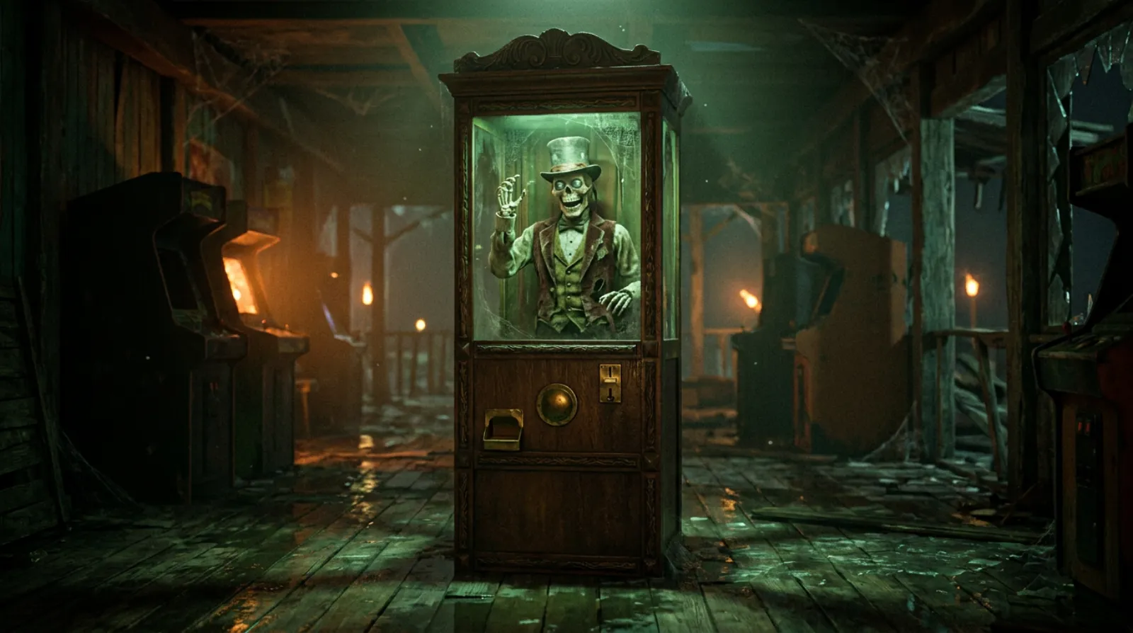 An antique fortune cabinet glowing green in an abandoned boardwalk arcade; inside the glass, a grinning skeletal ringmaster in a top hat raises one bony hand.