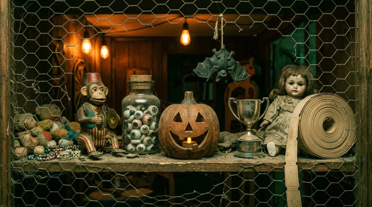 A dusty prize shelf behind chicken wire: a cymbal monkey, a jar of glass eyes, a jack-o'-lantern, a tarnished trophy, a rubber bat, a cracked porcelain doll and a roll of blank tickets.